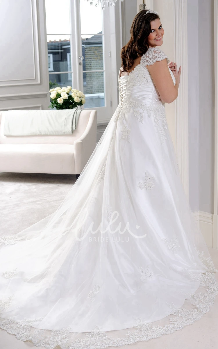 Central Ruched Lace Caped-Sleeve Prom Dress with Plunging Neckline