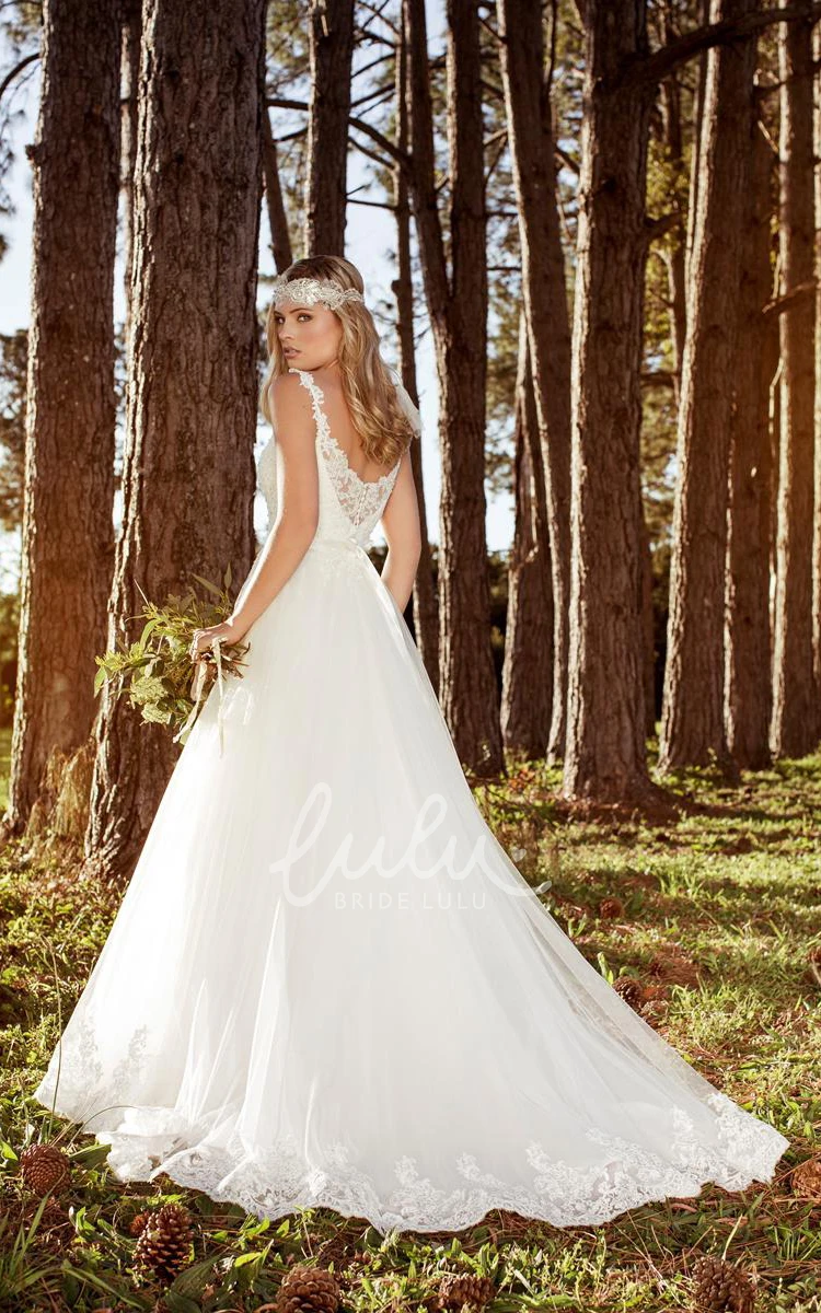 Long Lace Wedding Dress with Pleats and Appliques A-Line V-Neck Sleeveless Gown