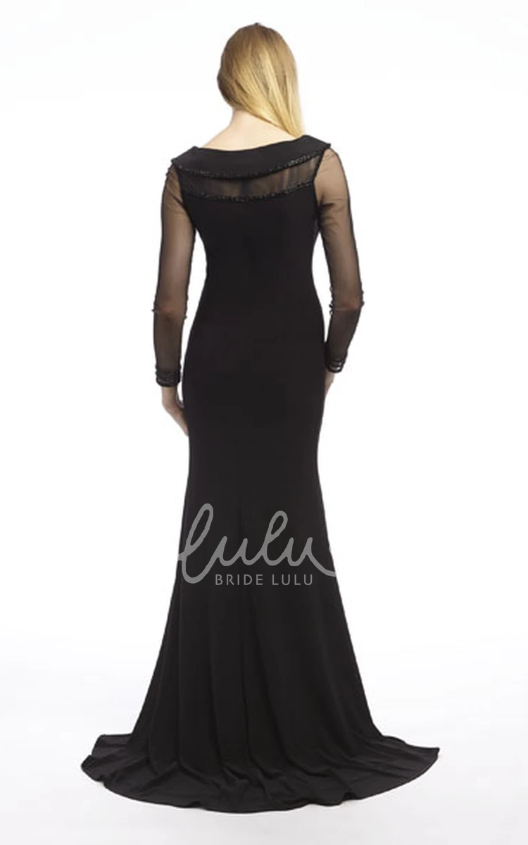 Beaded Bateau-Neck Maxi Prom Dress Long-Sleeve Chiffon