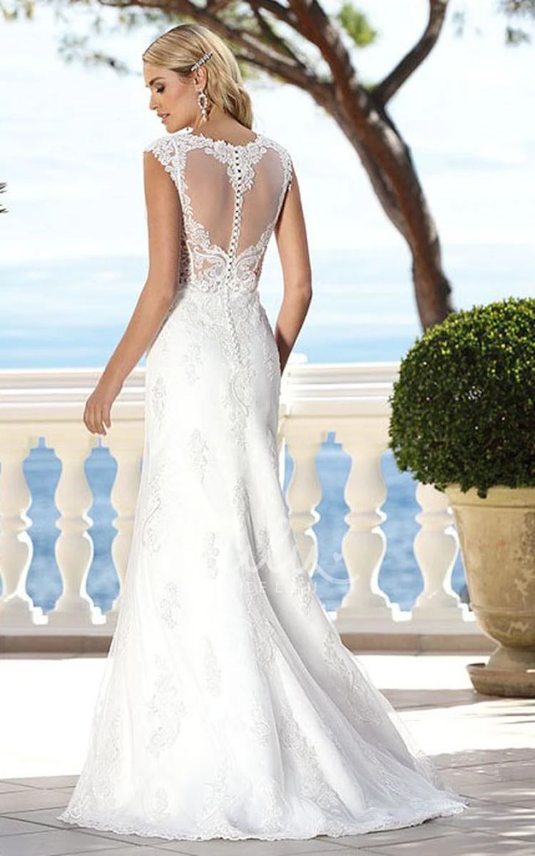 Applique Lace V-Neck Illusion Wedding Dress with Brush Train and Floor-Length