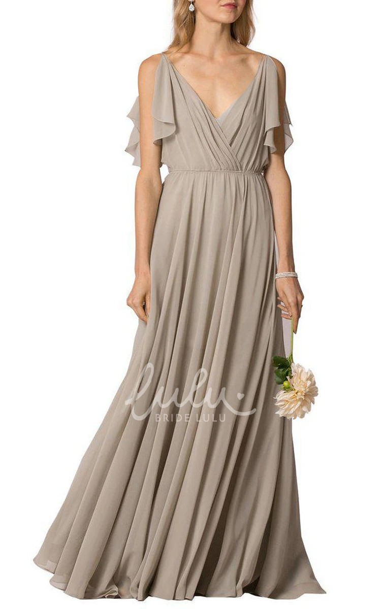 Button Back V-Neck Chiffon Dress with Floor-Length and Ruched Detail