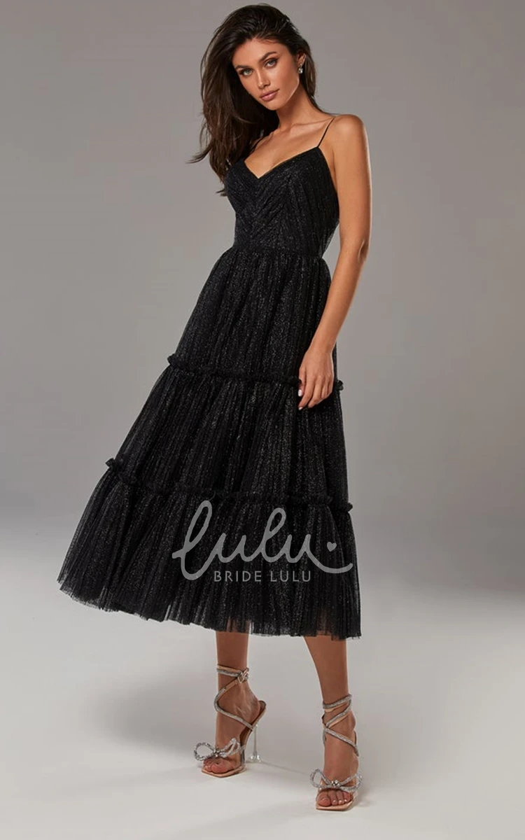 Spaghetti Neck A Line Tulle Tea-length Formal Dress without Sleeves