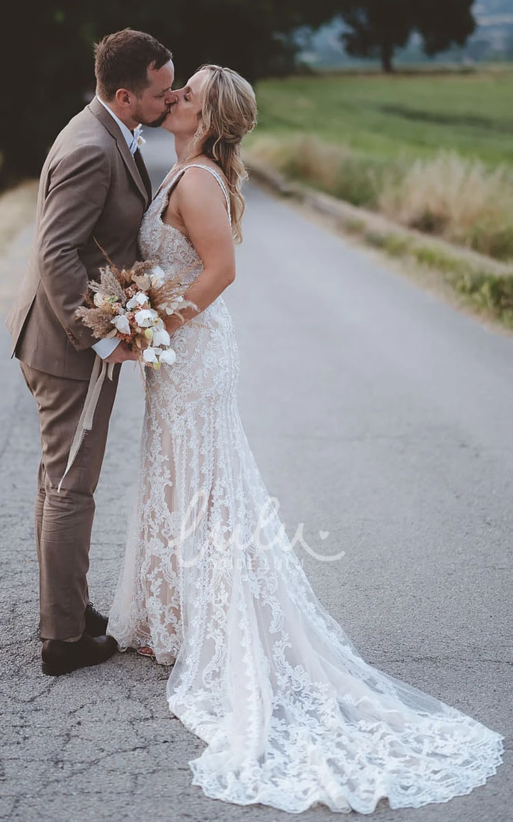 Bohemian Lace V-neck Mermaid Country Wedding Dress Bridal Gown with Open Back and Appliques