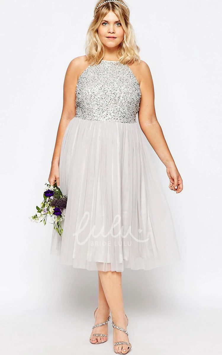 Sleeveless Sequined A-Line Tulle Bridesmaid Dress with Pleats Tea-Length