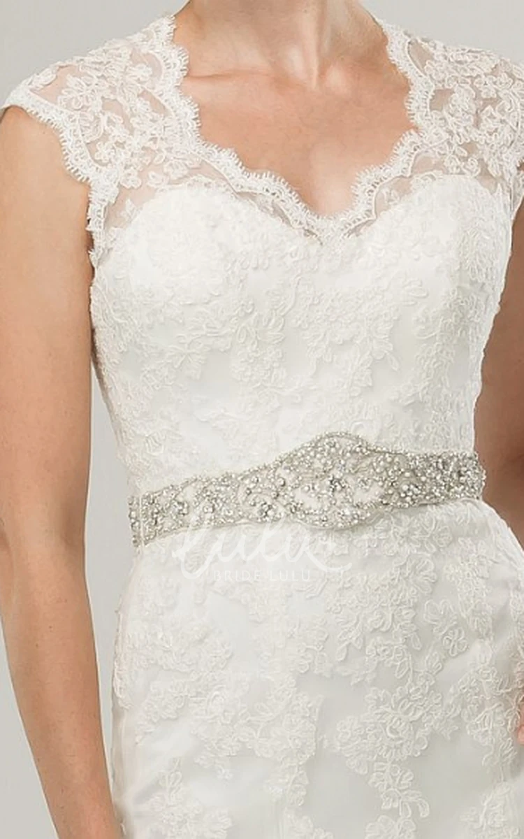 Lace&Tulle V-Neck Wedding Dress with Cap-Sleeves and Waist Jewelry