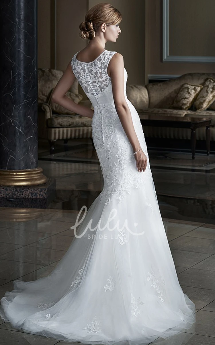 Sleeveless Trumpet Scoop-Neck Tulle&Lace Wedding Dress with Appliques Modern Wedding Dress