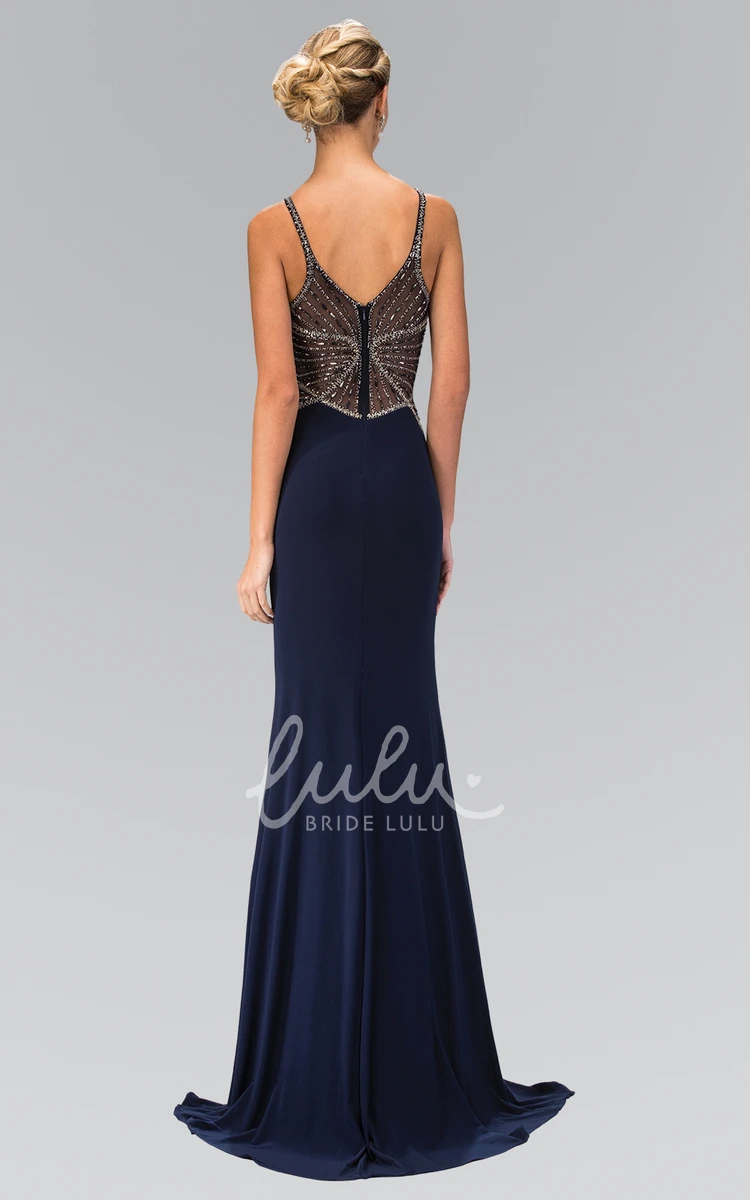 Beaded Sheath Scoop-Neck Sleeveless Jersey Low-V Back Prom Dress