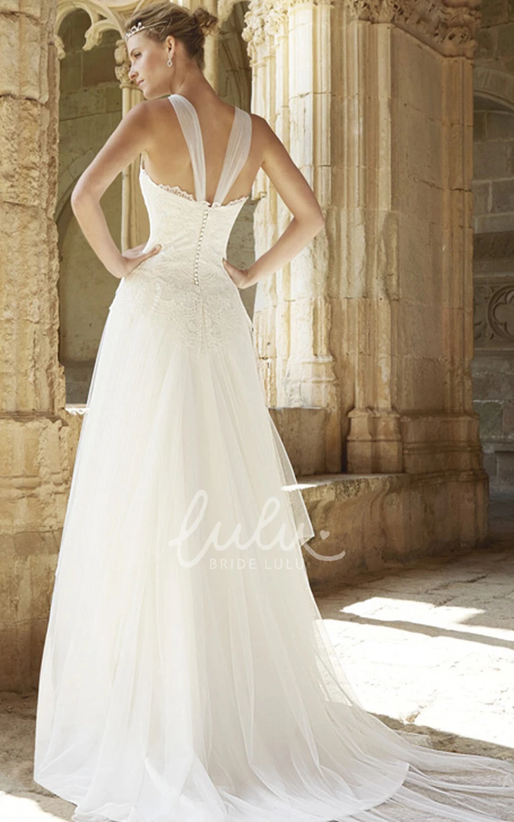 A-Line Tulle Wedding Dress with Jewel Appliques Low-V Back and Court Train