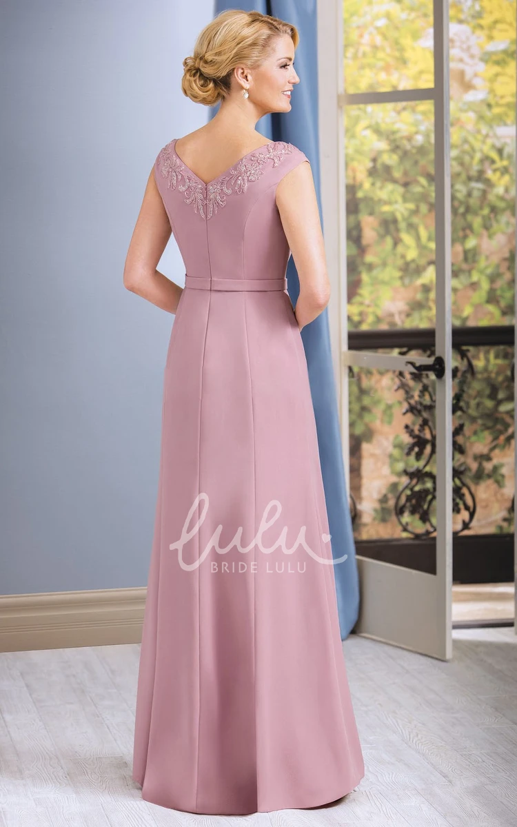 Jeweled V-Neck Mother of the Bride Dress with Cap Sleeves Modern Formal Dress