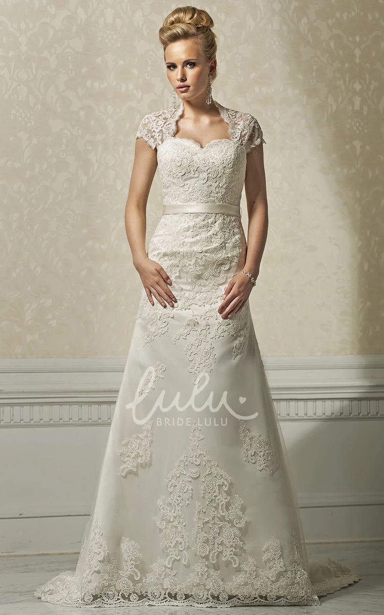 Cap-Sleeve Lace Applique A-Line Wedding Dress with Ribbon Elegant Wedding Dress