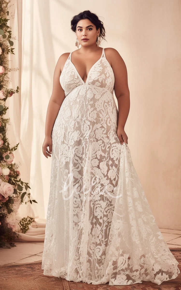 Beach Floral Bohemian Plus Size Lace A-Line Wedding Dress Sexy Elopement Plunging Spaghetti Strap Floor Length Bridal Gown