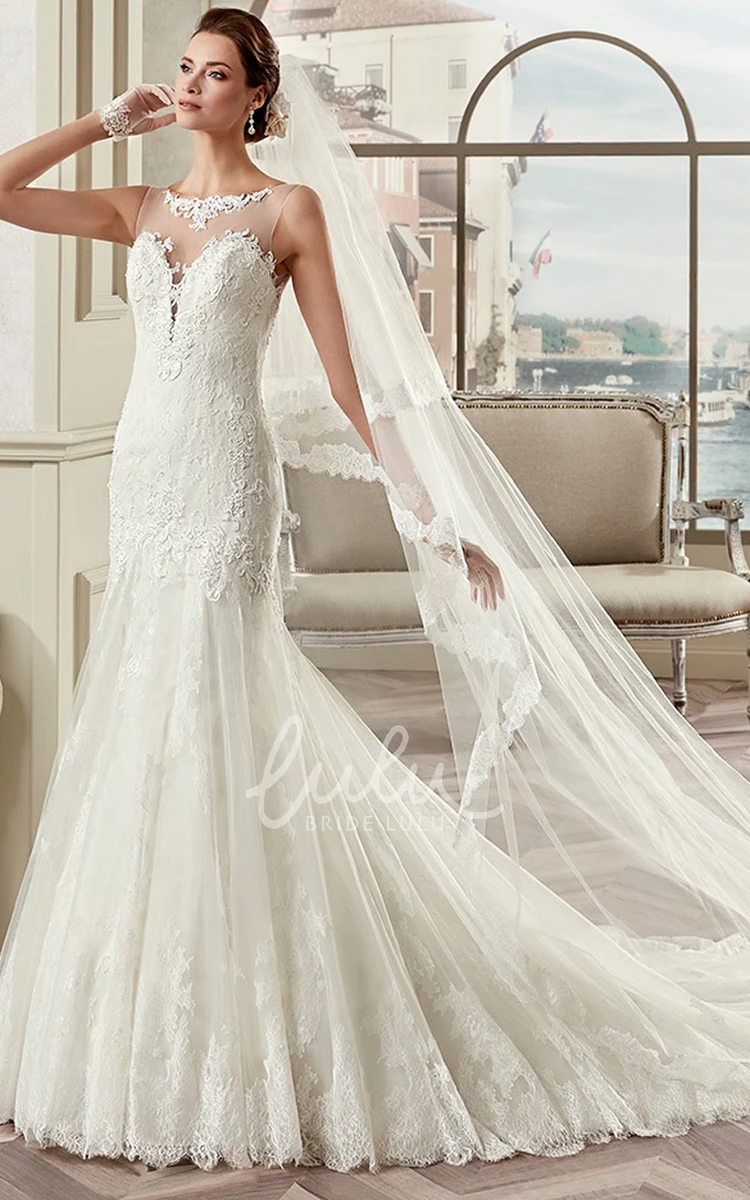 Lace Mermaid Wedding Dress with Jewel Neckline Cap Sleeves and Illusion Design