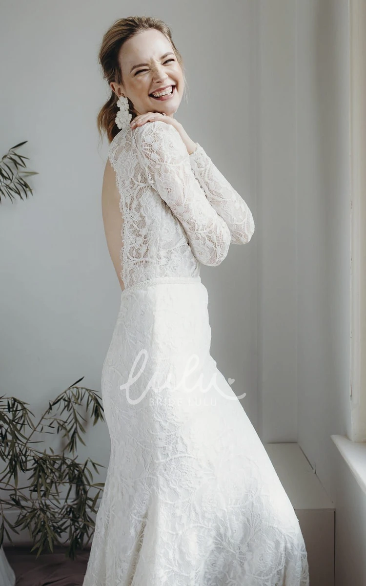 Sexy Sheath Lace Wedding Dress with Plunging V-neck Long Sleeves and Keyhole Back