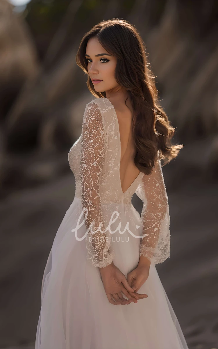 Elegant Sparkly Boho A-Line Sequins Long Sleeve Maxi Wedding Dress Spring Casual Plunging Neckline Floor Length Deep-V Back Tulle Bridal Gown