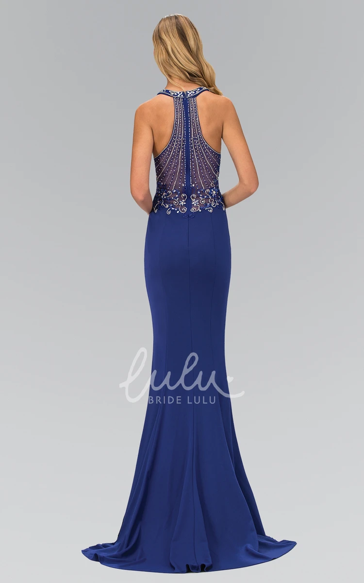 V-Neck Sleeveless Sheath Formal Dress with Beading and Illusion Detail