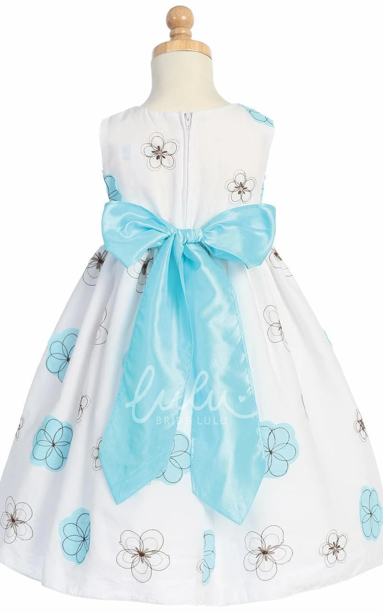 Embroidered Taffeta Tea-Length Flower Girl Dress with Bow Simple Bridesmaid Dress