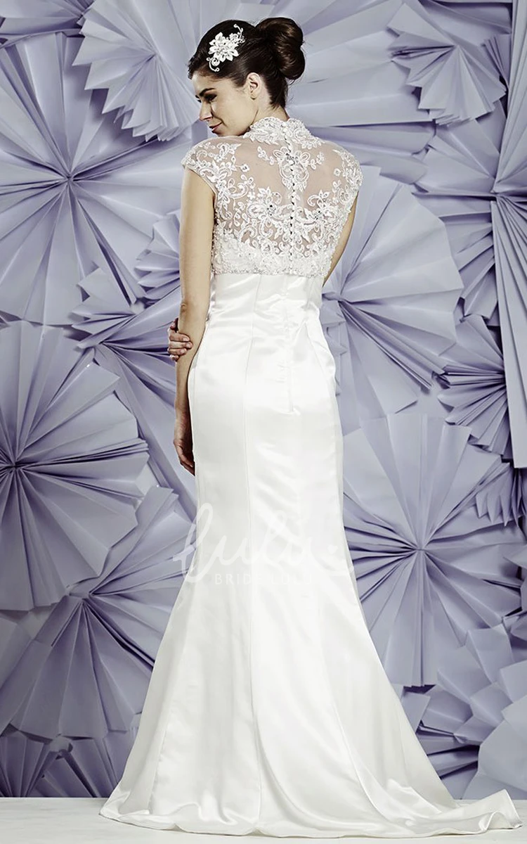 Cap-Sleeve High-Neck Satin Wedding Dress Sheath Floor-Length Beaded Appliques