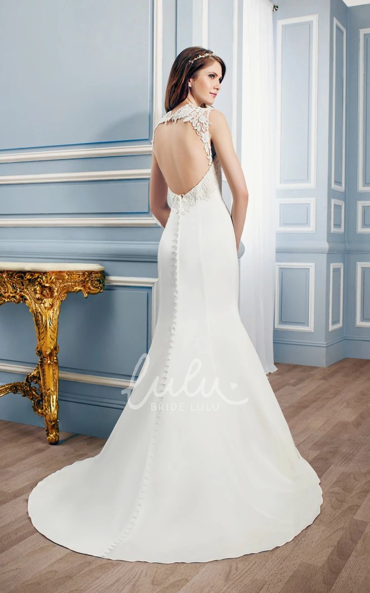 Trumpet Queen-Anne Appliqued Satin Wedding Dress with Court Train Long Sleeve Bridal Gown