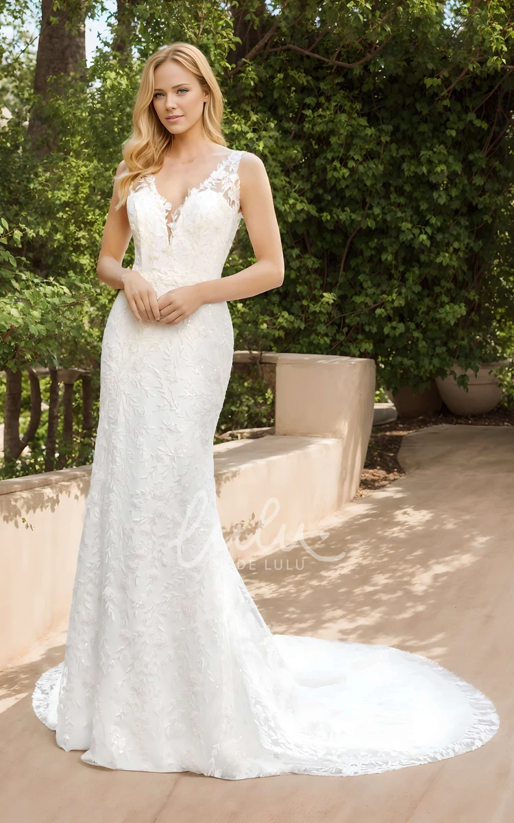 Elegant Beach Mermaid Plunging Boho Lace Wedding Dress Modern Garden Sleeveless Backless Appliques Bridal Gown with Train