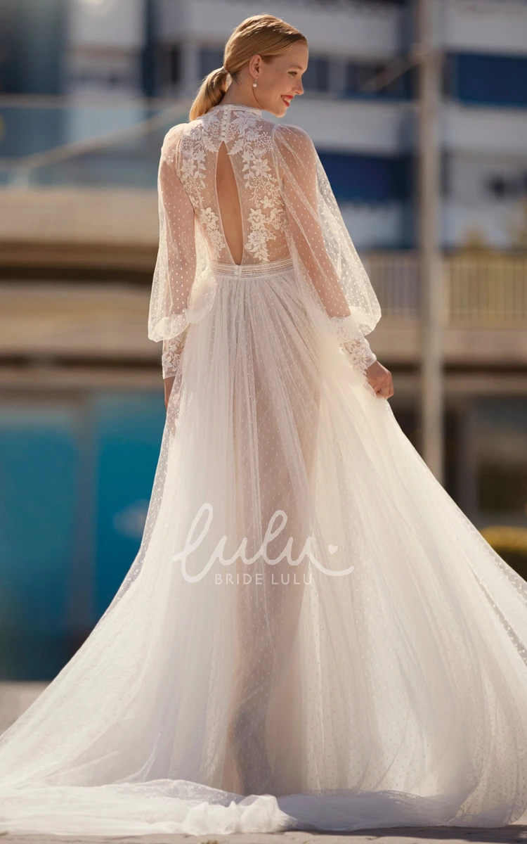 Bohemian Tulle Beach Wedding Dress with Illusion Back A-Line V-Neck