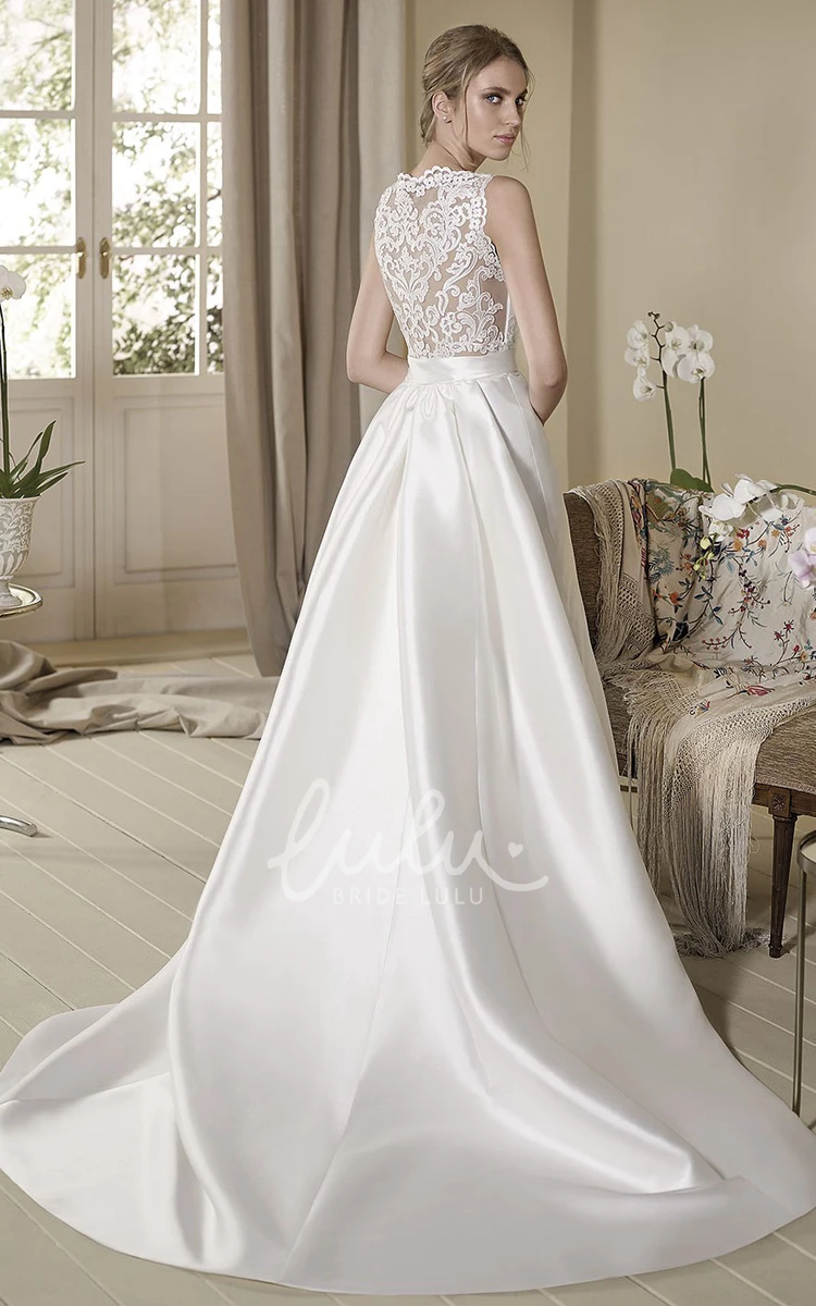 Jewel-Neck Satin A-Line Wedding Dress with Appliqued Floor-Length and Sleeveless Design