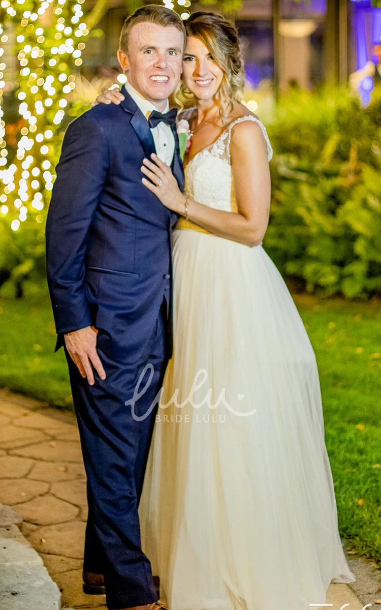 Country A-Line Plunging Neckline Chiffon Spring Wedding Dress With Deep-V Back And Appliques