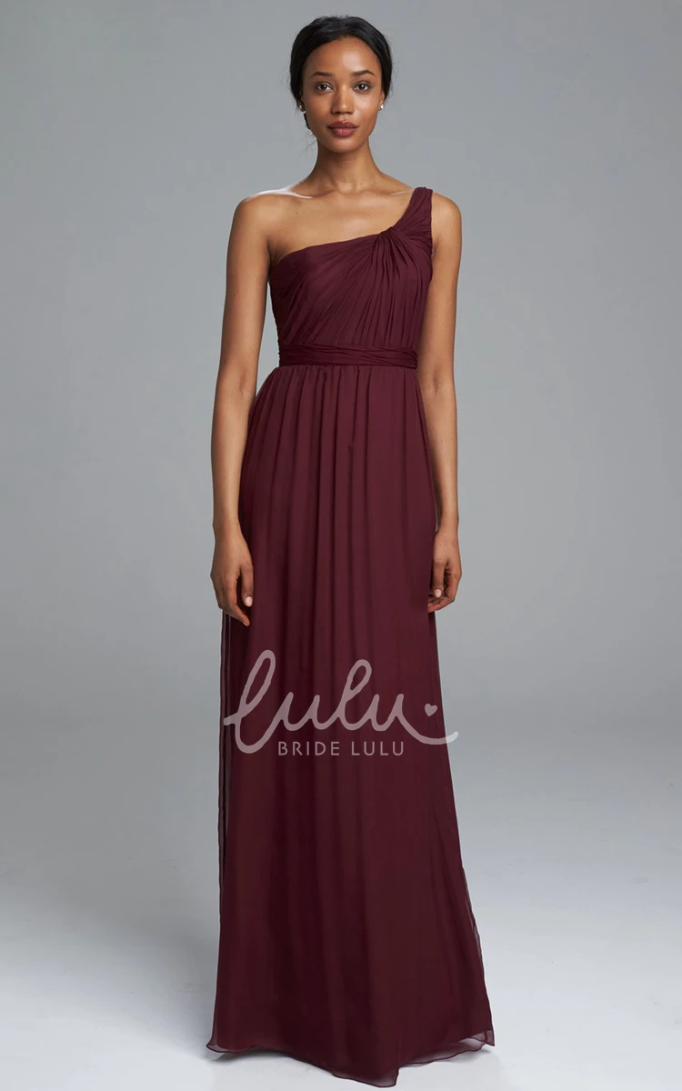 One-Shoulder Chiffon Sheath Bridesmaid Dress with Ruching and Sleeveless Design