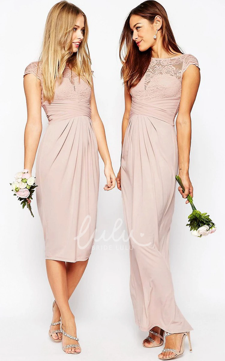 Tea-Length Cap-Sleeve Chiffon Bridesmaid Dress with Appliques Illusion and Pencil Scoop-Neck