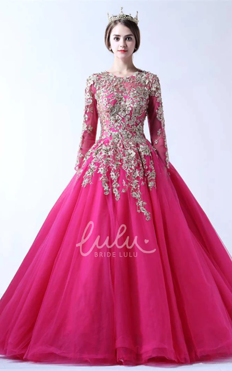 Lace Sleeve Tulle Ball Gown with Keyhole Back Elegant Formal Dress