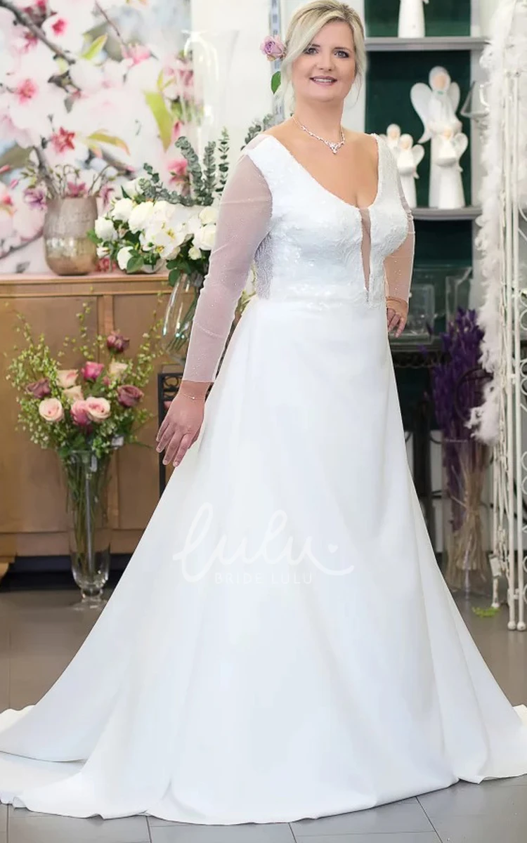 Elegant Long Sleeve Satin Wedding Dress with Low-V Back and Court Train