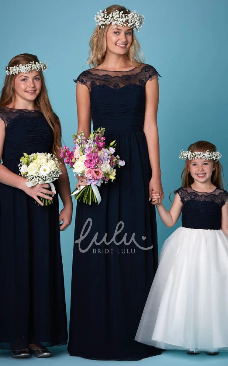 Chiffon Appliqued Bridesmaid Dress with Short Sleeves and Scoop Neck