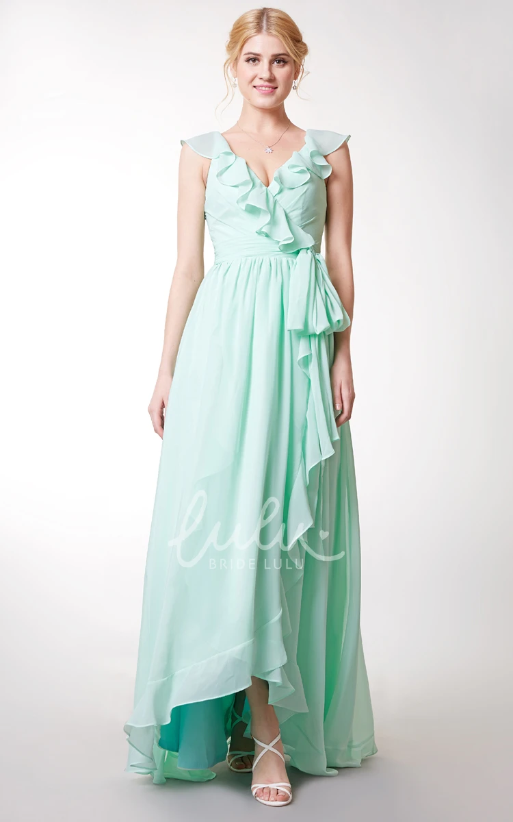 Asymmetric Ruffled Chiffon Bridesmaid Dress with Cap Sleeves and Sash