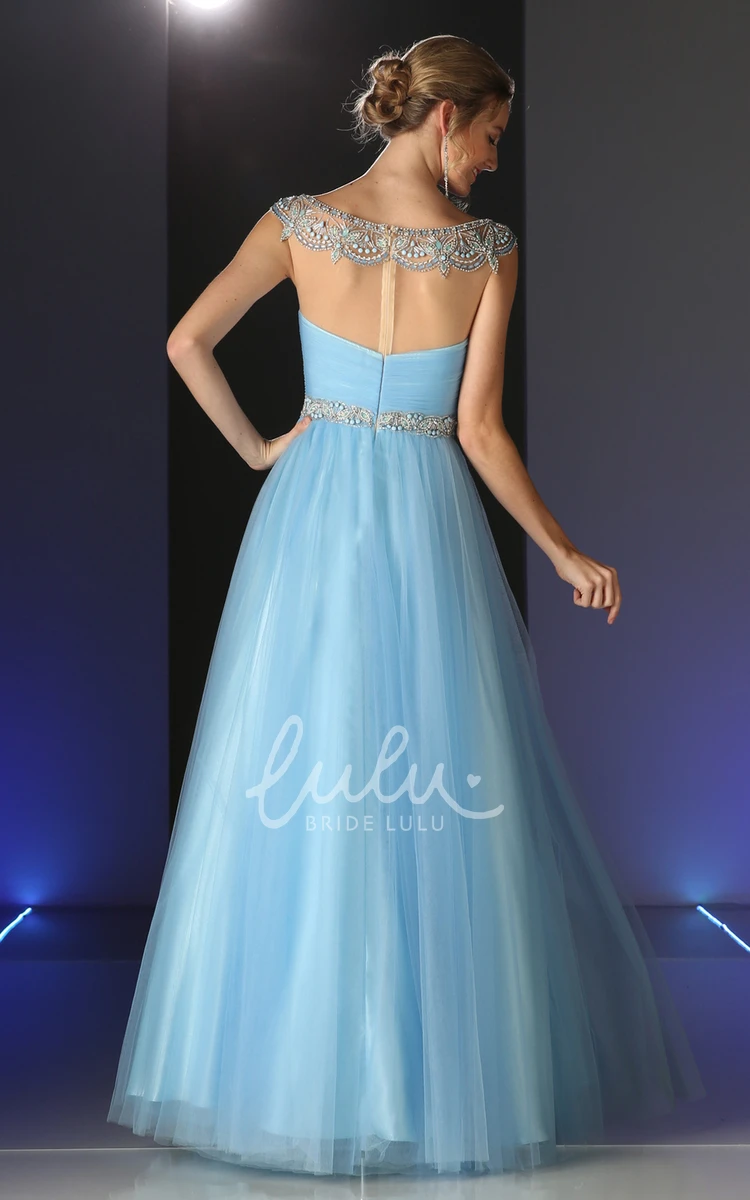 Scoop-Neck Tulle Illusion Prom Dress with Beading and Ruching