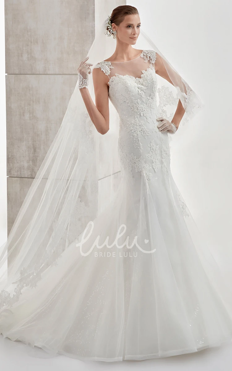 Mermaid Wedding Dress with Jewel-Neck Cap-Sleeves Appliques and Illusive Design