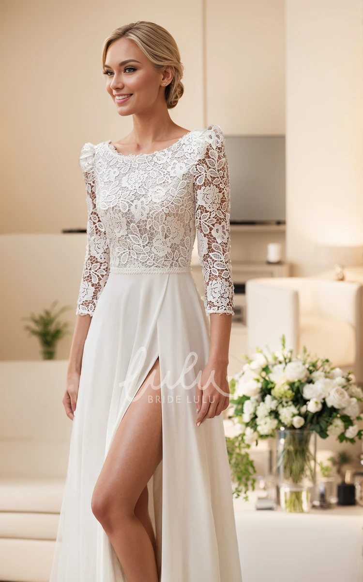 Rustic Country A-Line Illusion 3/4 Sleeve Boho Lace Chiffon Wedding Derss Modest Vintage Appliques Split Front Beach Garden Bridal Gown with Train