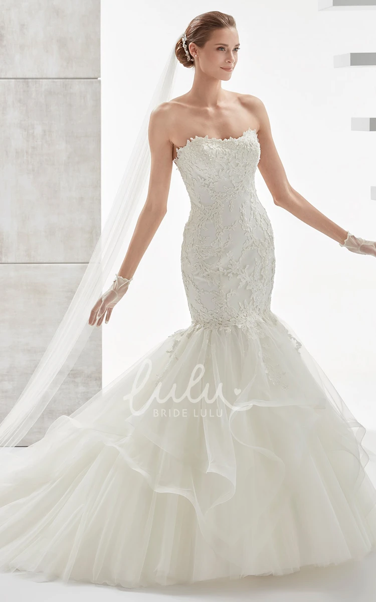 Mermaid Lace Applique Strapless Wedding Dress with Ruffled Train