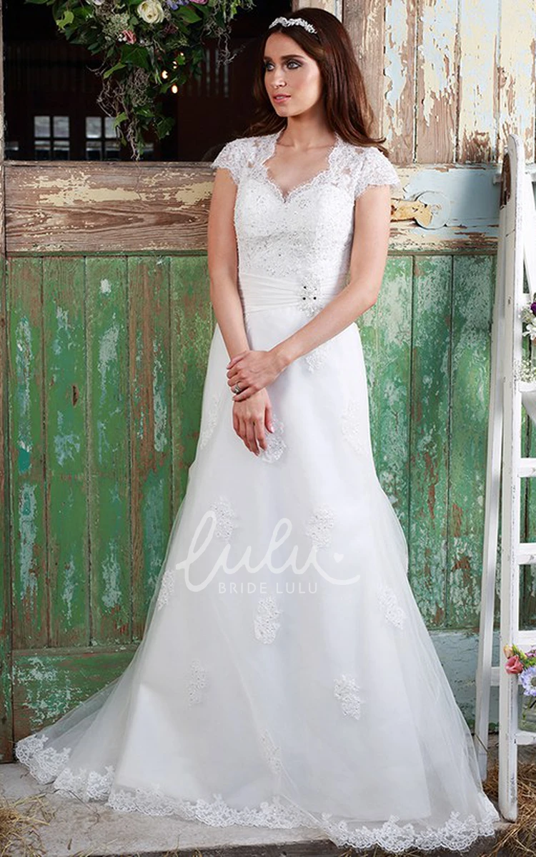 A-Line Cap-Sleeve Beaded V-Neck Lace Wedding Dress With Keyhole Modern Bridal Gown 2024