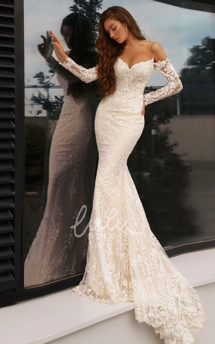 Off-shoulder Lace Mermaid Illusion Sleeve Wedding Dress with V-neck and Appliques Beach Wedding Dress