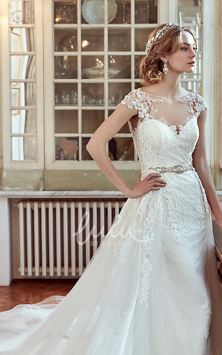Cap Sleeve Jewel-Neck Wedding Dress with Beaded Belt Elegant Wedding Dress 2024