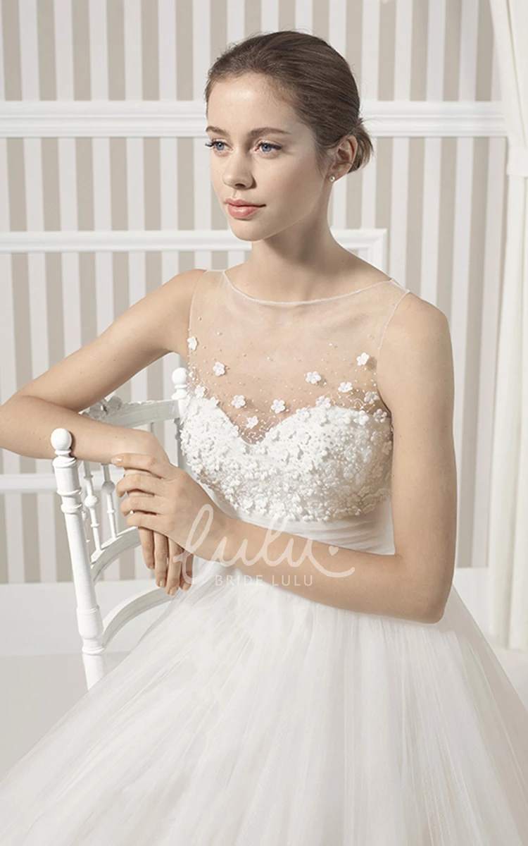 Floral Tulle A-Line Wedding Dress with Bateau Neckline and Illusion Back