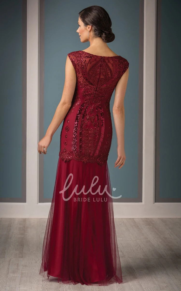 Embroidered Long Cap-Sleeved Mother Of The Bride Dress with Sequins