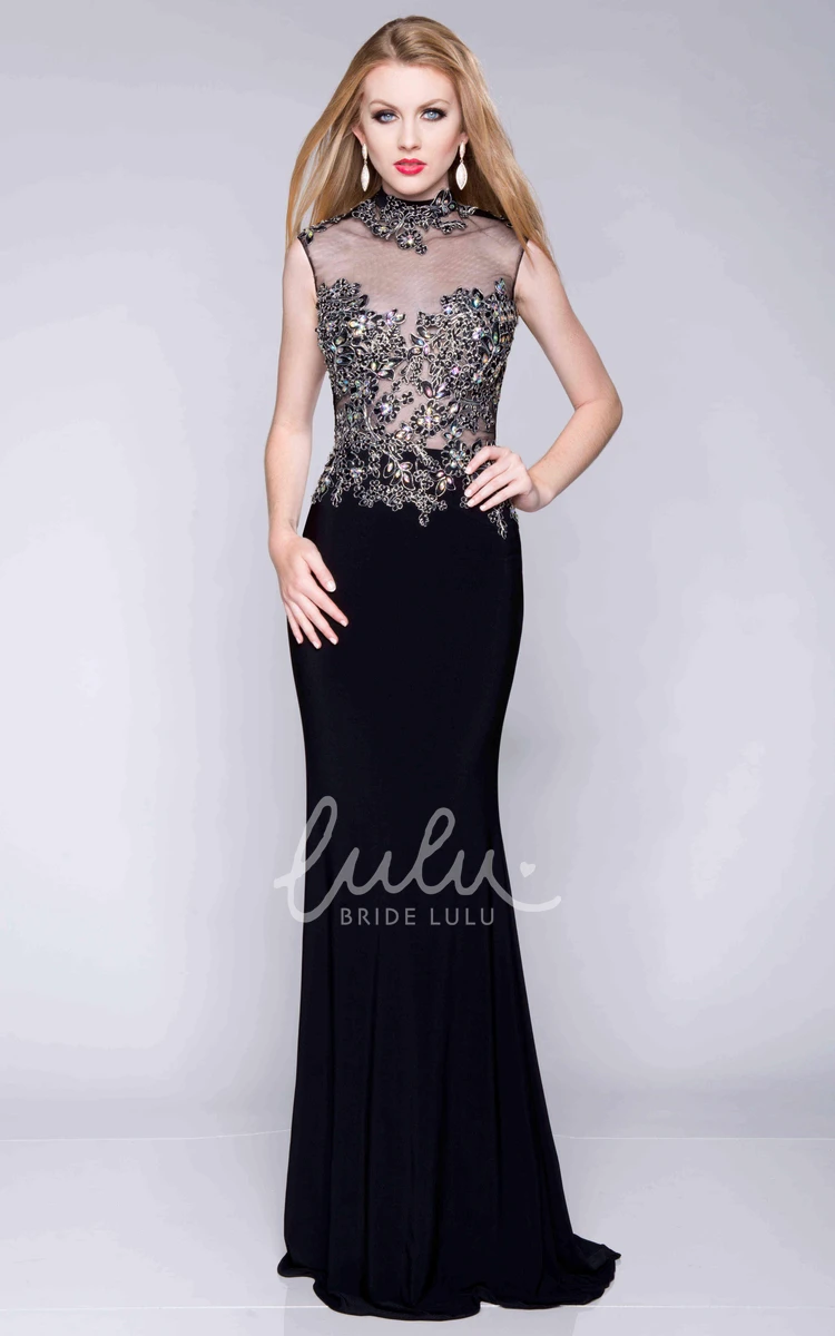 High Neck Sleeveless Jersey Prom Dress with Metallic Bodice Modern Column Dress