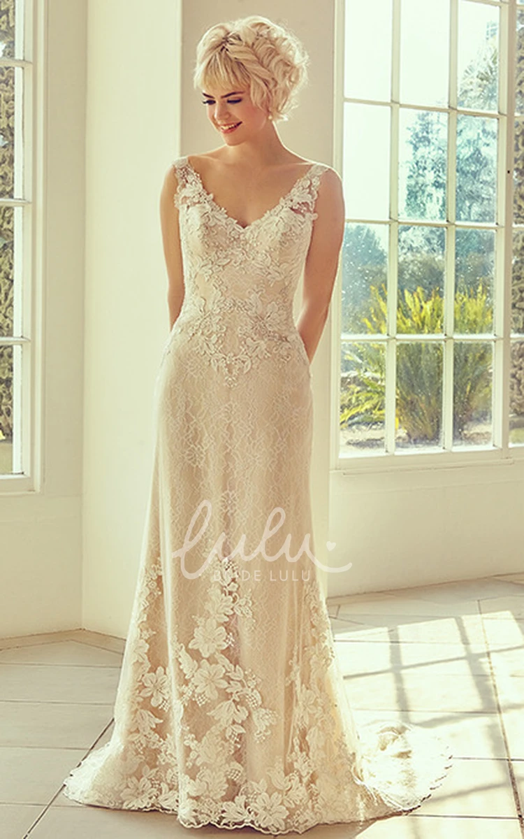 Appliqued Lace Wedding Dress with V-Neckline and Sweep Train Elegant Bridal Gown