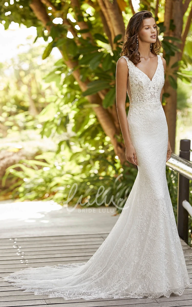 Elegant Mermaid Lace Wedding Dress Open Back Court Train Bridal Gown