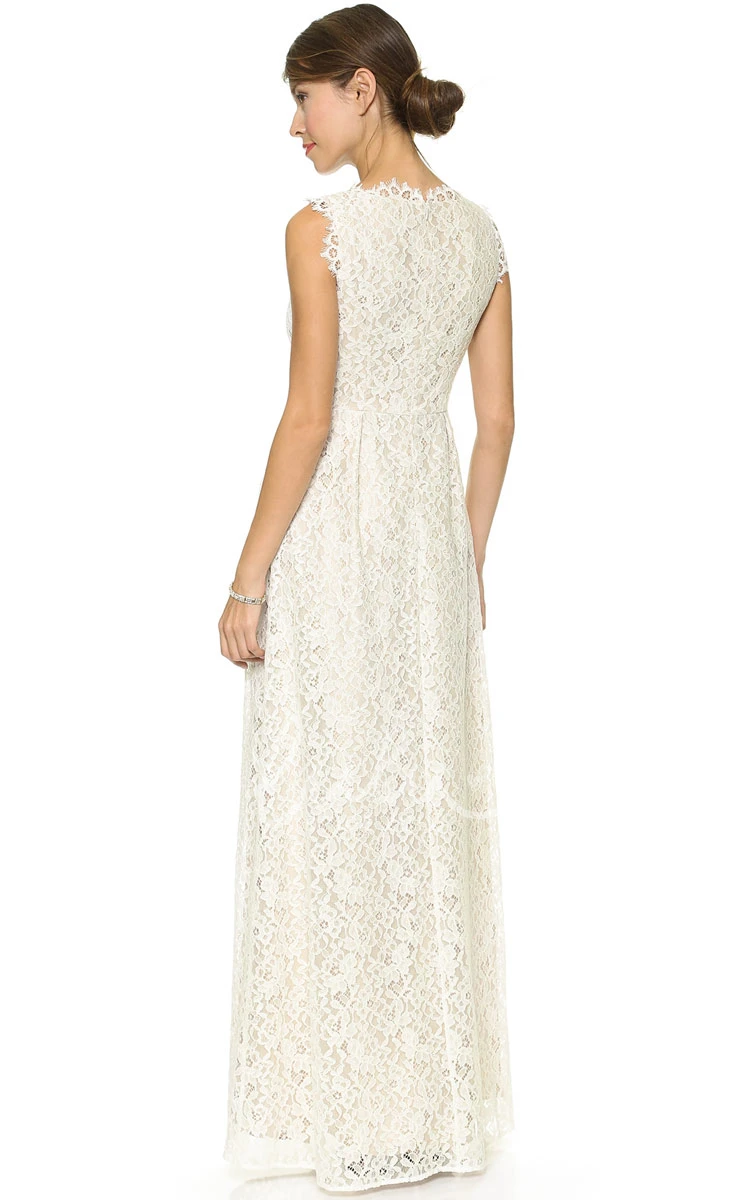 Lace Sheath Dress with Side Draping and Low V-Neckline for Weddings