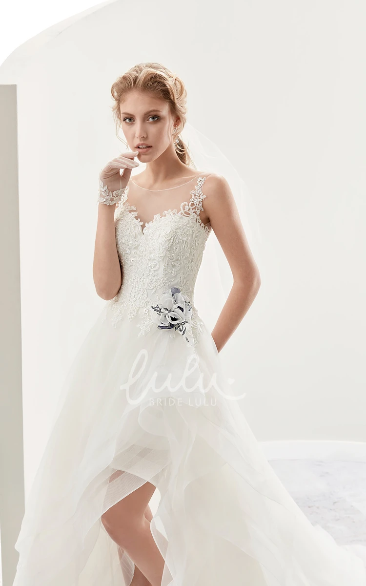 High-Low Bridal Gown with Cap Sleeves Flower Embellishment and Ruffles