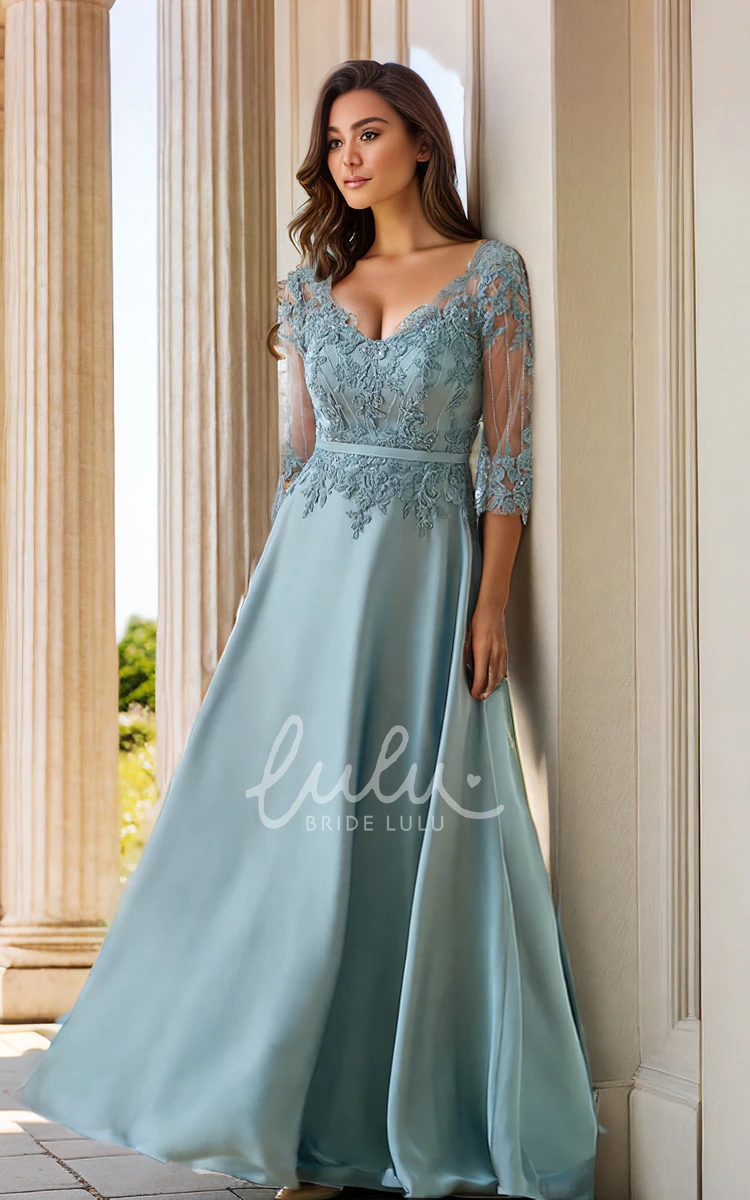 Elegant Mother of the Bride Satin A-Line Floor Length V-neck with Zipper  Back Lace Appliques Prom Dress - BrideLuLu