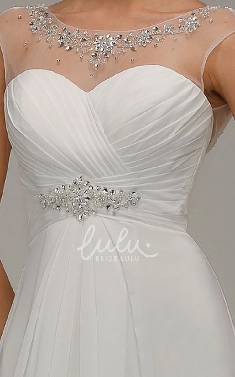 V-Neck Ruched Satin Wedding Dress with Brush Train and Lace-Up Floor-Length