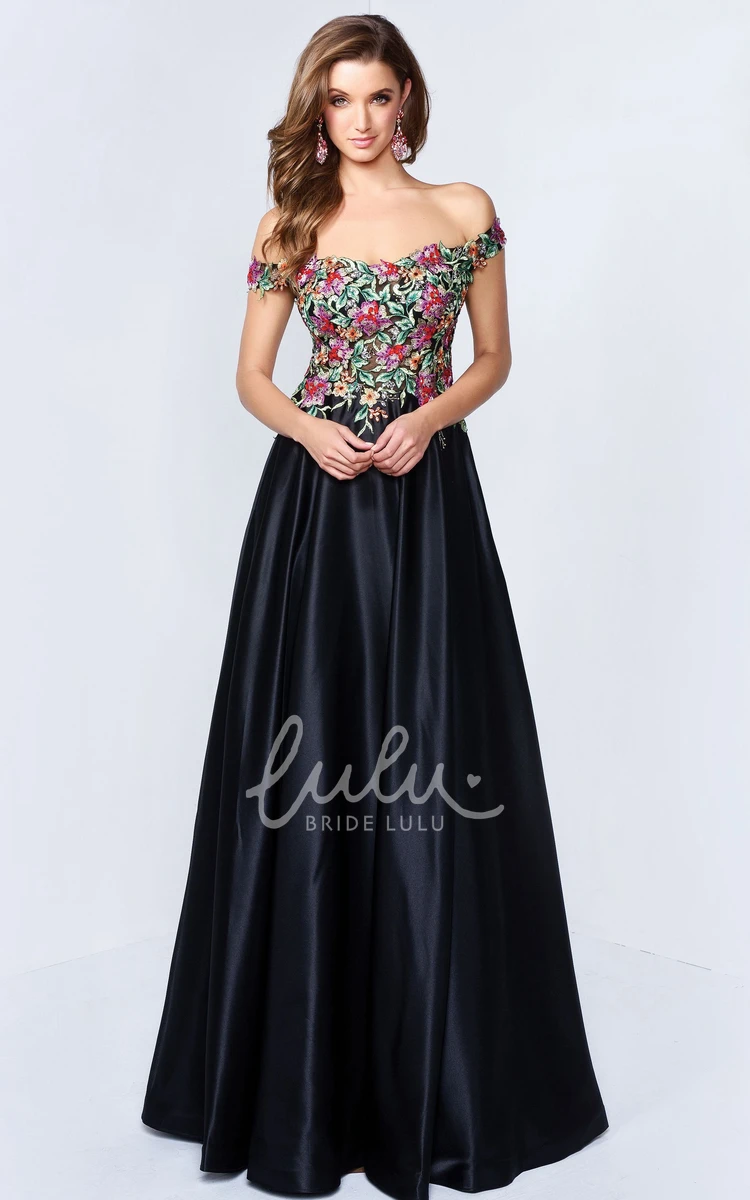 Off-The-Shoulder Satin A-Line Formal Dress with Keyhole and Embroidery