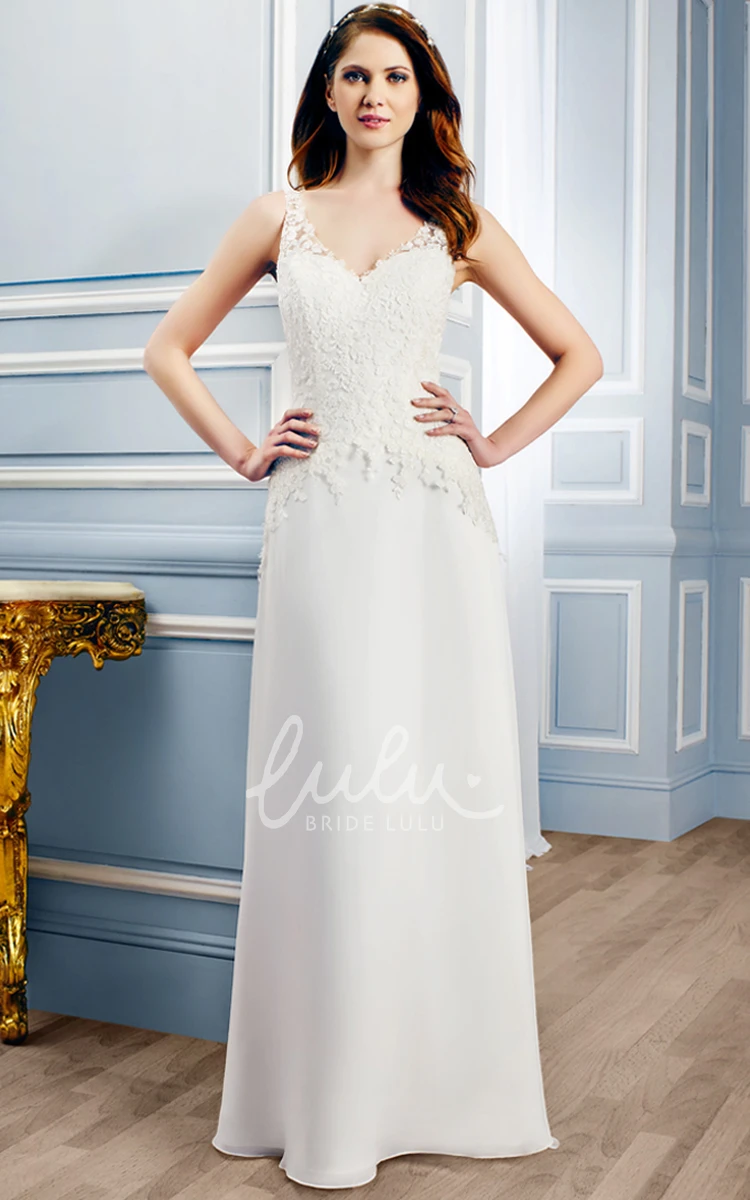 Sleeveless V-Neck Lace Wedding Dress with Appliques and Sweep Train Chic Bridal Gown